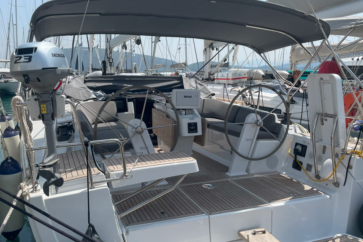 Head on Medusa III, a Hanse Yachts Hanse 388 sailboat at Municipal Unit of Lefkada, Greece