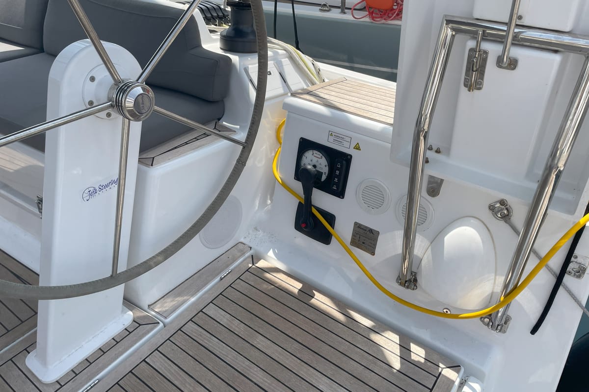 Cockpit of Medusa III, a Hanse Yachts Hanse 388 sailboat at Municipal Unit of Lefkada, Greece