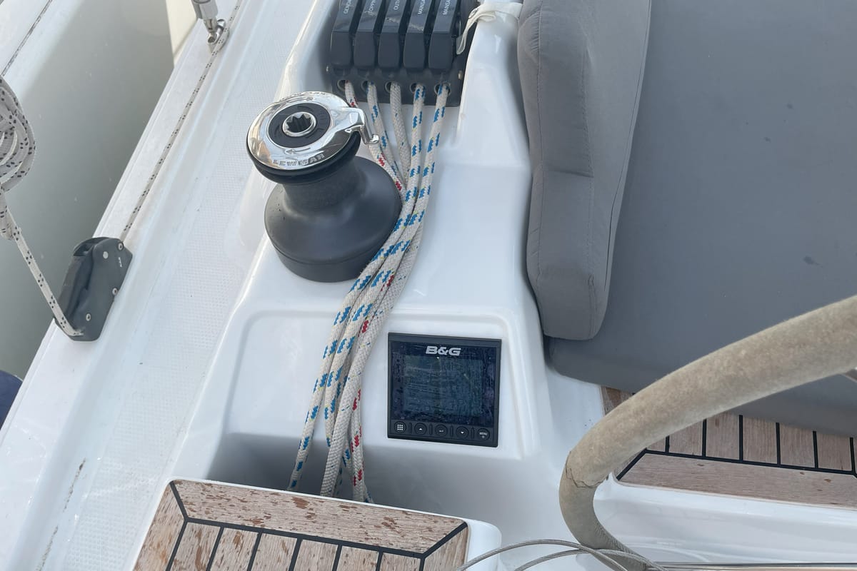 Cockpit of Medusa III, a Hanse Yachts Hanse 388 sailboat at Municipal Unit of Lefkada, Greece