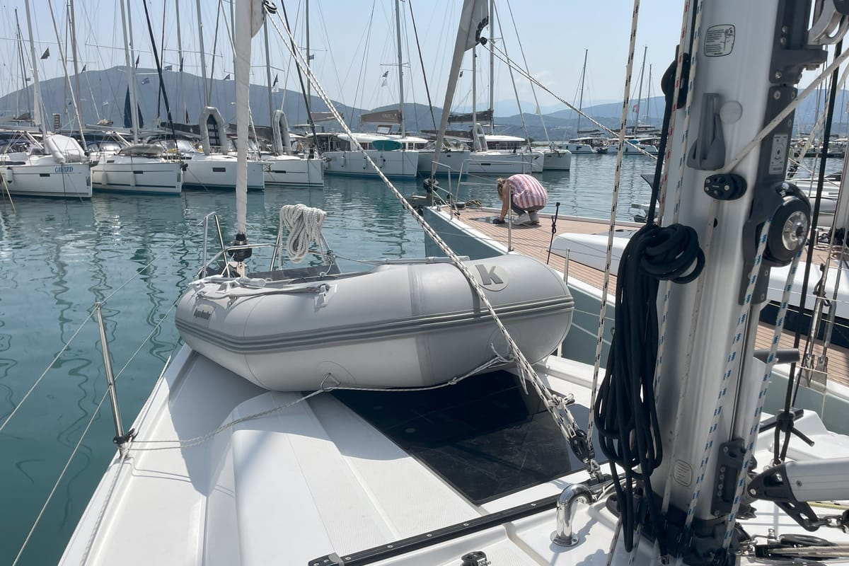 Deck of Medusa III, a Hanse Yachts Hanse 388 sailboat at Municipal Unit of Lefkada, Greece