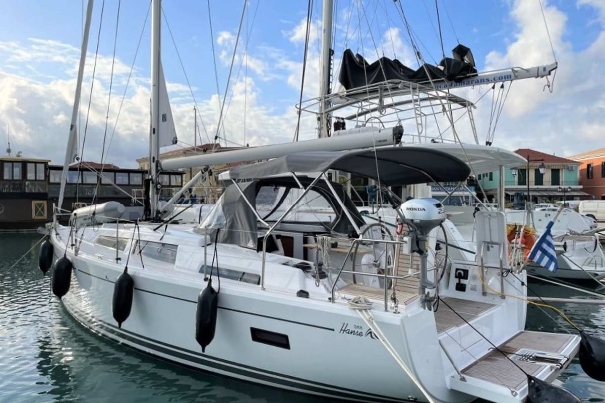 Exterior view of Medusa III, a Hanse Yachts Hanse 388 sailboat at Municipal Unit of Lefkada, Greece
