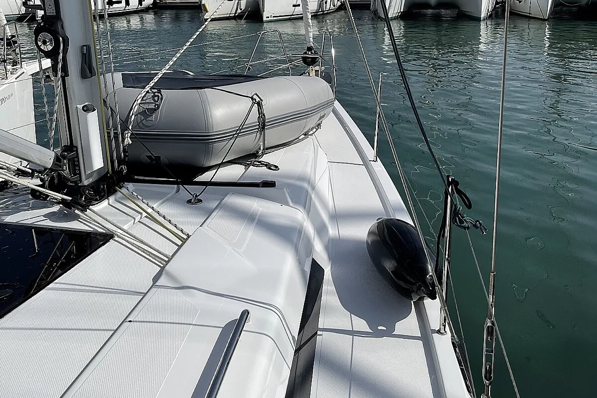 Deck of Medusa III, a Hanse Yachts Hanse 388 sailboat at Municipal Unit of Lefkada, Greece
