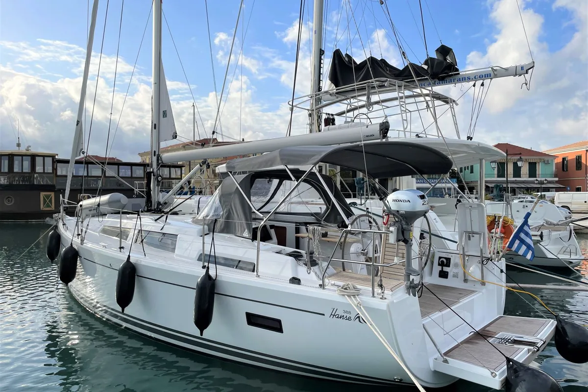 Exterior view of Medusa III, a Hanse Yachts Hanse 388 sailboat at Municipal Unit of Lefkada, Greece