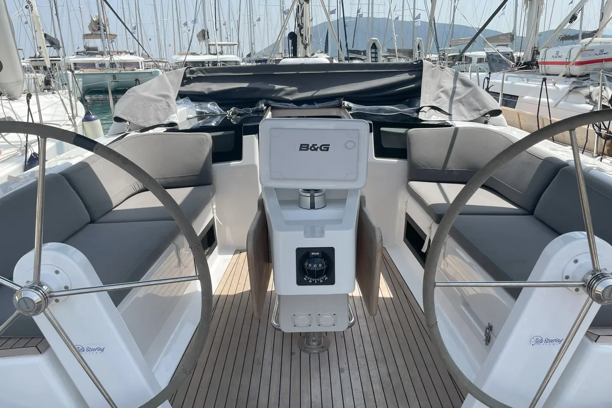 Cockpit of Medusa III, a Hanse Yachts Hanse 388 sailboat at Municipal Unit of Lefkada, Greece