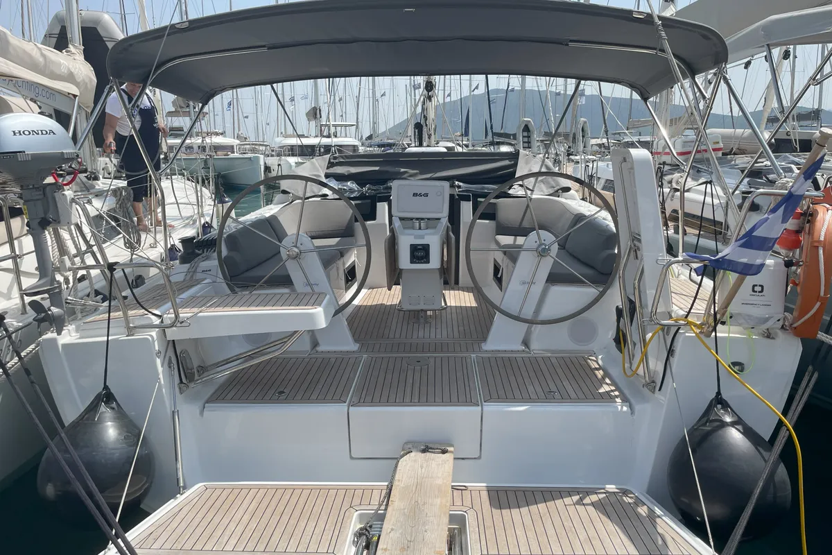 Deck of Medusa III, a Hanse Yachts Hanse 388 sailboat at Municipal Unit of Lefkada, Greece