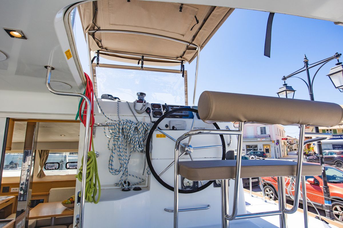 Cockpit of Deep Blue, a Lagoon 39 catamaran at Municipal Unit of Lefkada, Greece