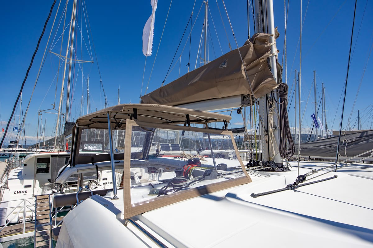 Cockpit of Deep Blue, a Lagoon 39 catamaran at Municipal Unit of Lefkada, Greece