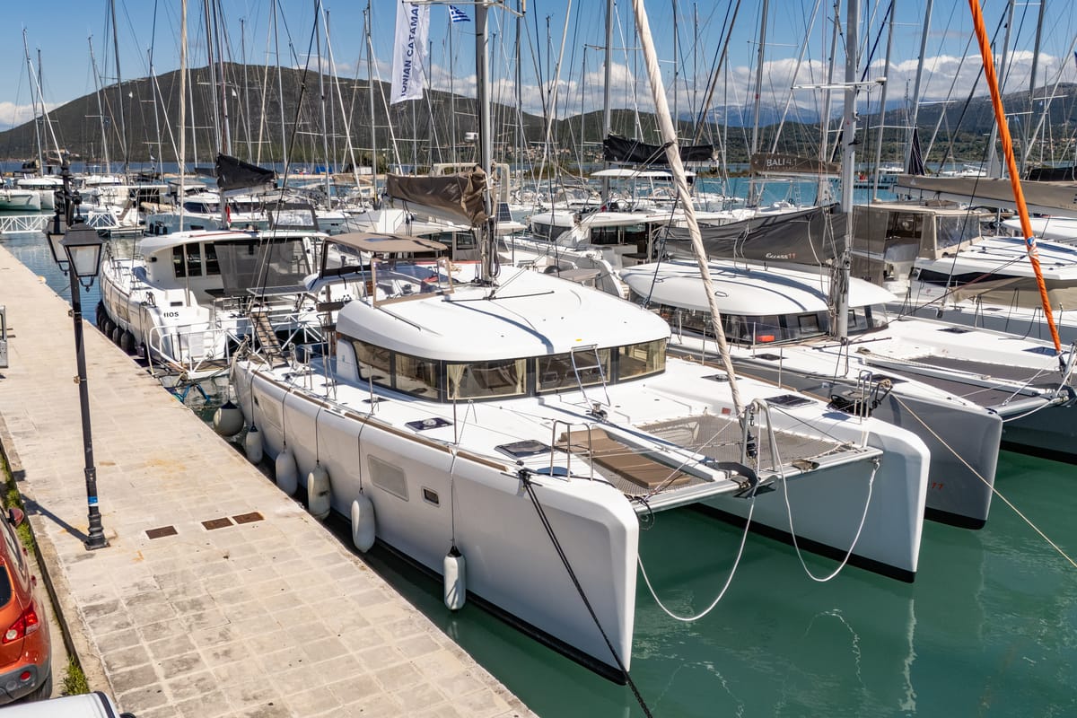 Exterior view of Deep Blue, a Lagoon 39 catamaran at Municipal Unit of Lefkada, Greece