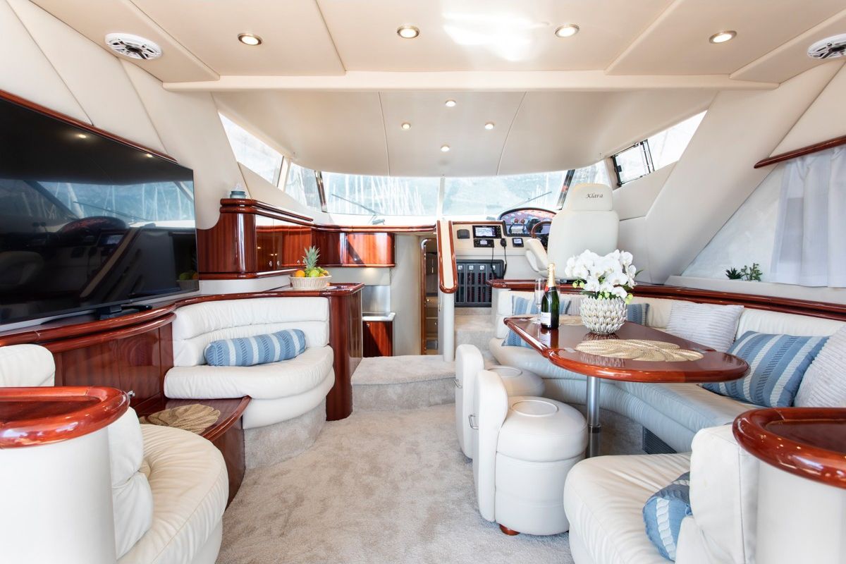 Salon of Klara, a Sunseeker Manhattan 48 motorboat at Grad Kaštela, Croatia