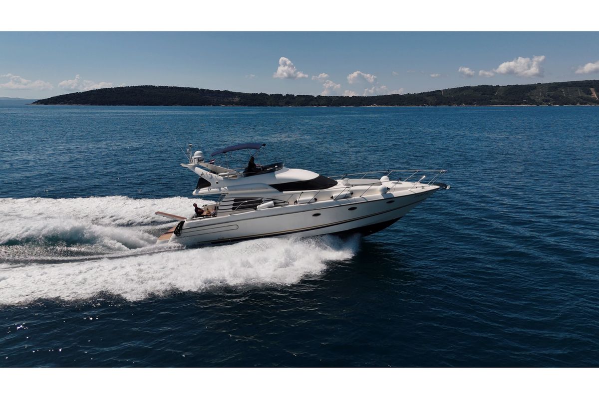 Exterior view of Klara, a Sunseeker Manhattan 48 motorboat at Grad Kaštela, Croatia