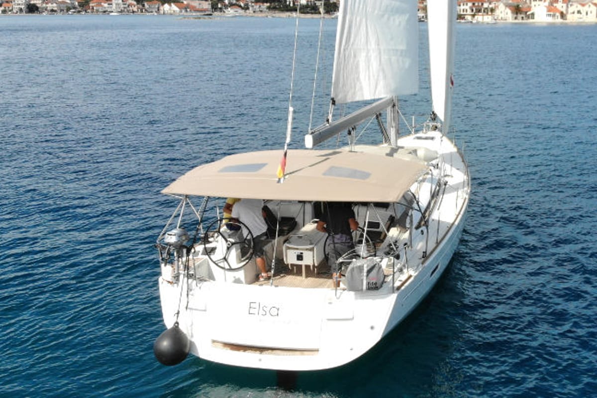 Exterior view of Elsa, a Jeanneau Sun Odyssey 519 sailboat at Općina Rogoznica, Croatia