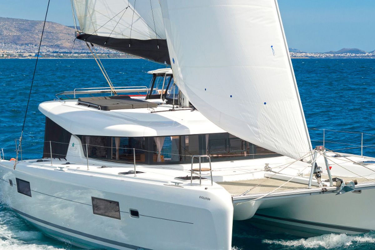 Exterior view of Tato, a Lagoon 42 catamaran at La Spezia, Italy