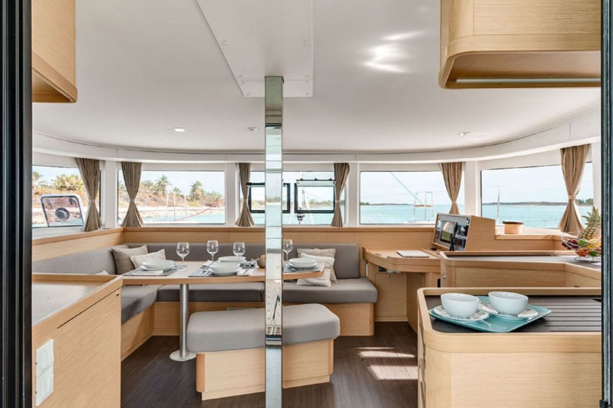 Salon of Tato, a Lagoon 42 catamaran at La Spezia, Italy