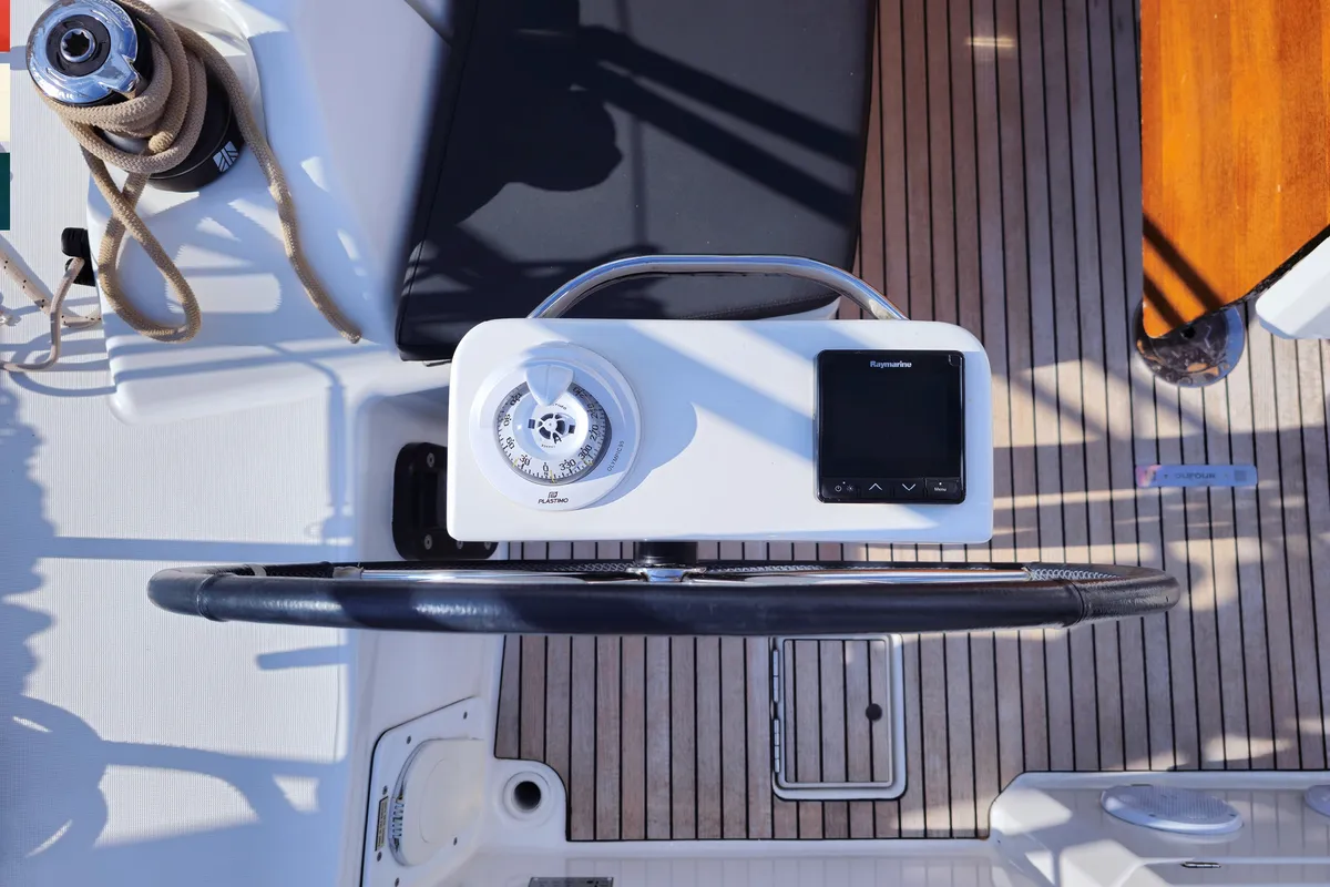 Cockpit of Sara, a Dufour 390 GL sailboat at Grad Kaštela, Croatia