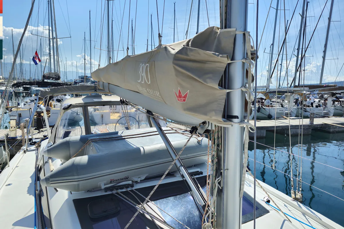 Deck of Sara, a Dufour 390 GL sailboat at Grad Kaštela, Croatia