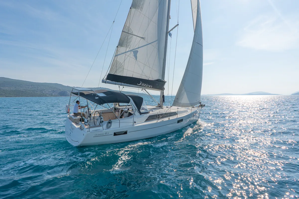 Exterior view of Elena, a Beneteau Oceanis 41.1 sailboat at Municipal Unit of Lefkada, Greece