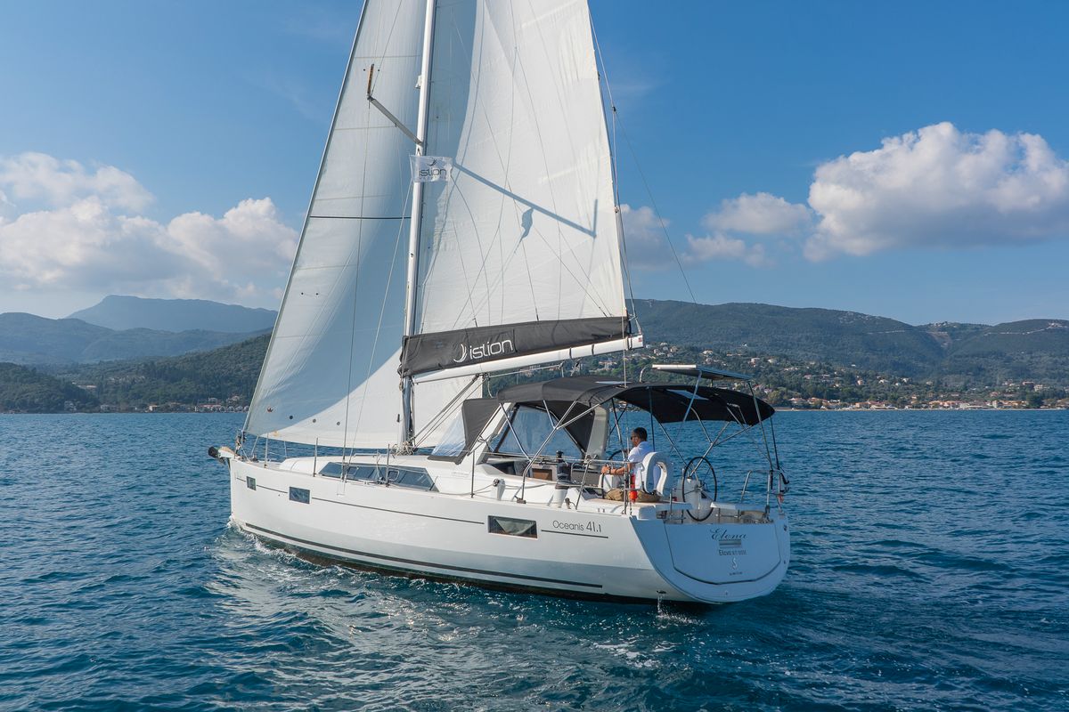 Exterior view of Elena, a Beneteau Oceanis 41.1 sailboat at Municipal Unit of Lefkada, Greece
