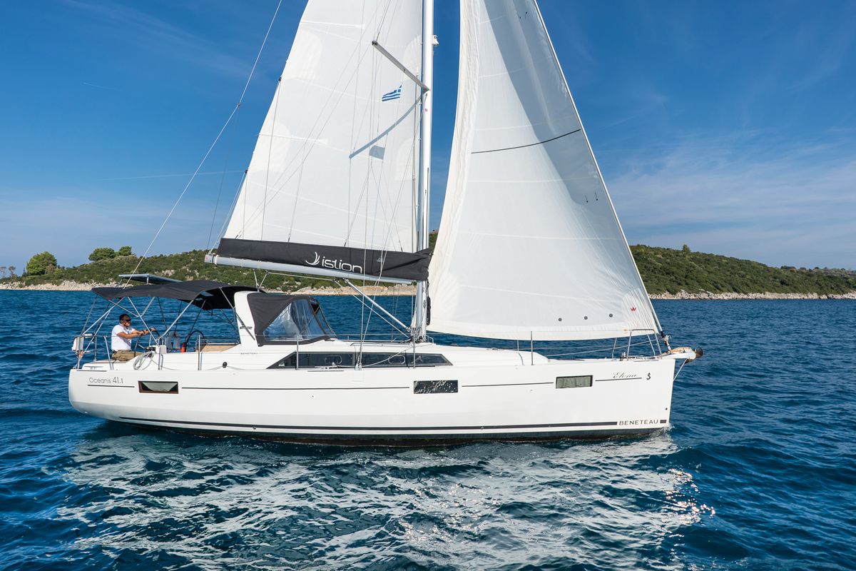 Exterior view of Elena, a Beneteau Oceanis 41.1 sailboat at Municipal Unit of Lefkada, Greece