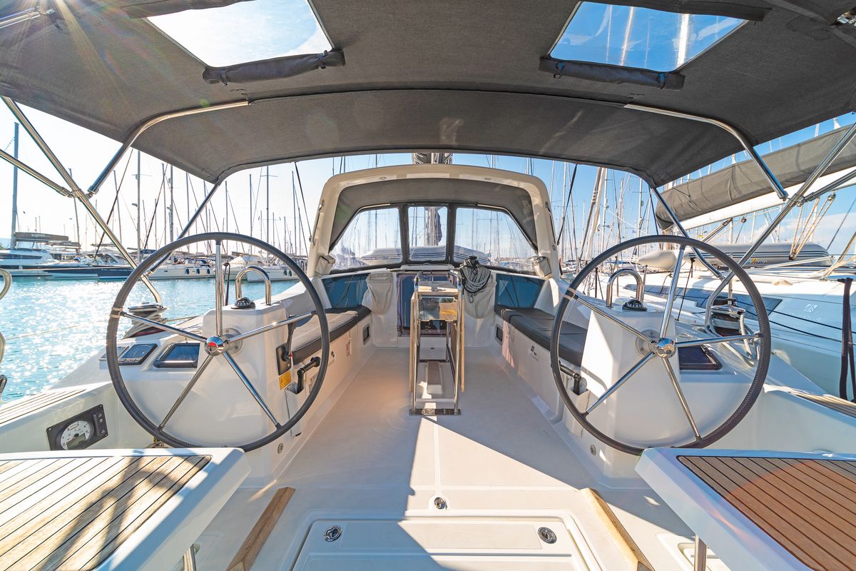 Cockpit of Elena, a Beneteau Oceanis 41.1 sailboat at Municipal Unit of Lefkada, Greece