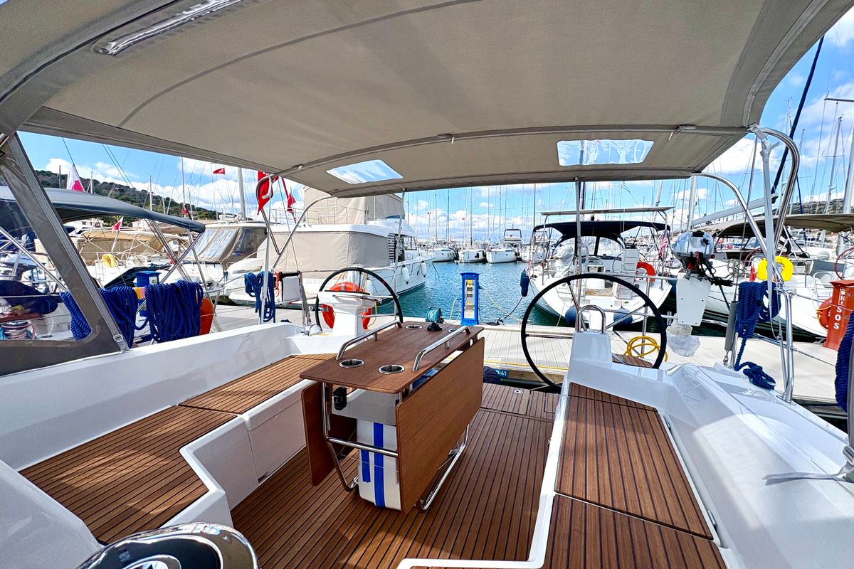 Deck of Bestsennyy, a Beneteau Oceanis 40.1 sailboat at Fethiye, Turkey