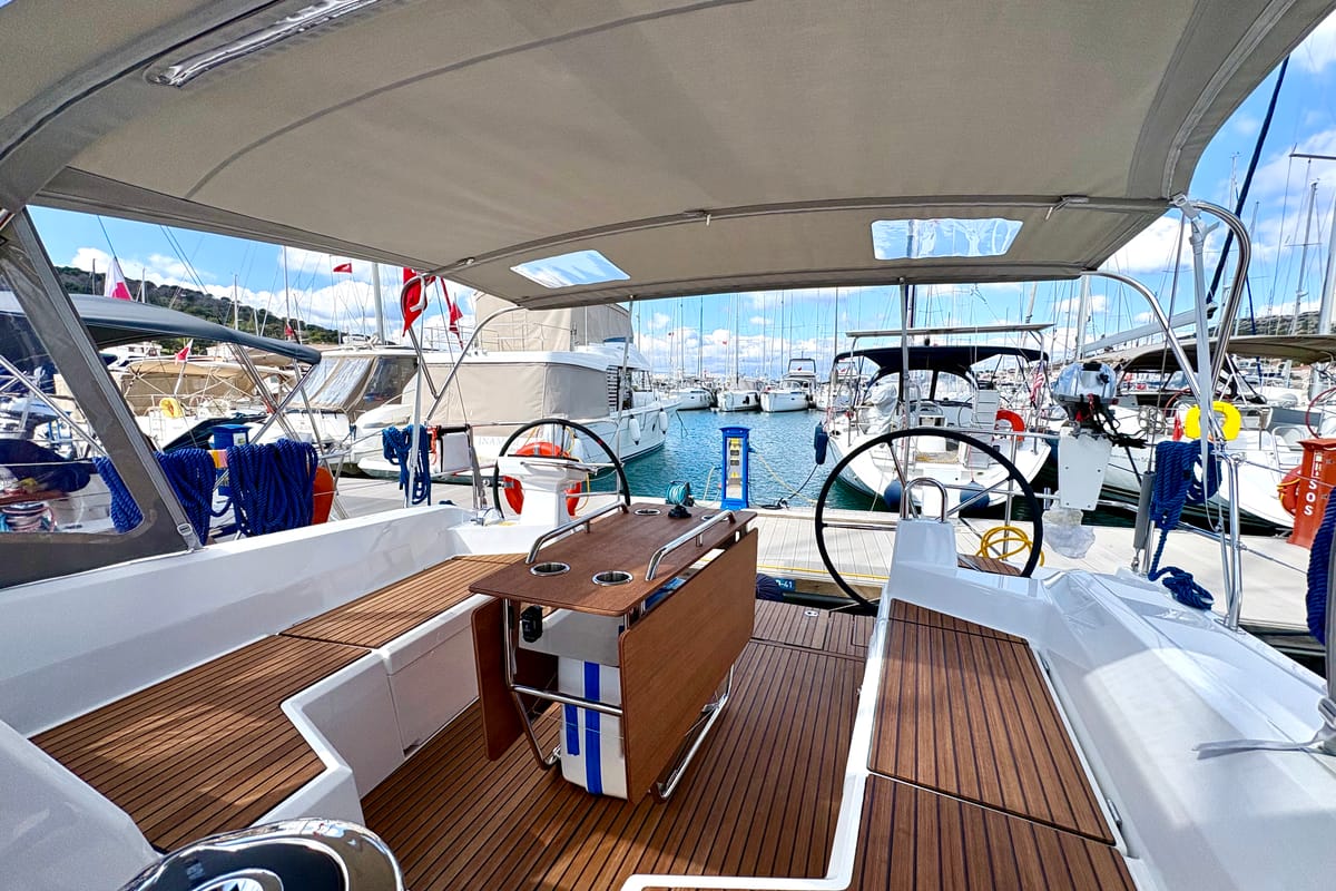 Cockpit of Bestsennyy, a Beneteau Oceanis 40.1 sailboat at Fethiye, Turkey