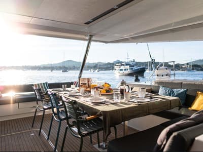 Deck of Isaé, a Fountaine Pajot Samana 59 catamaran at Cogolin, France