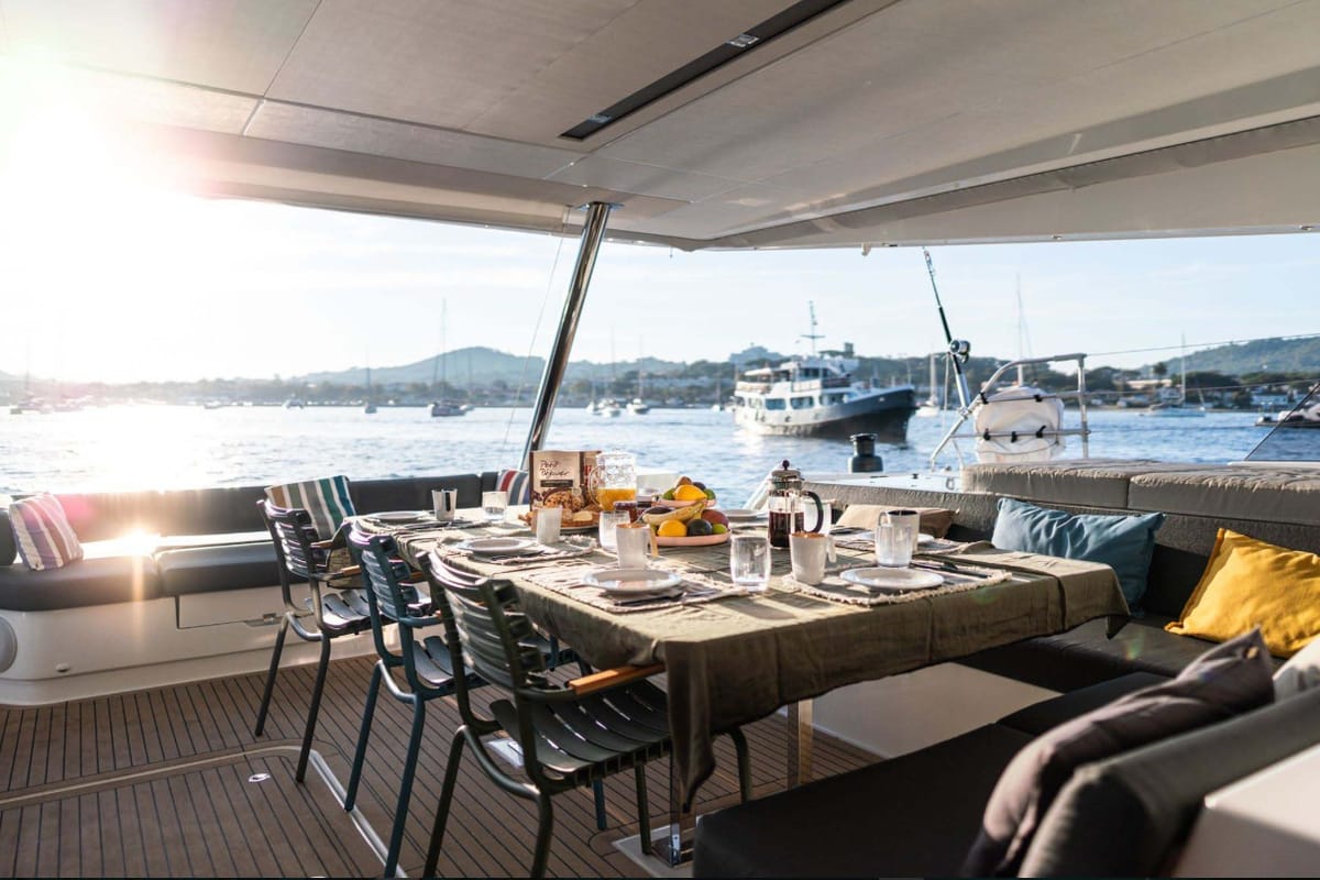 Deck of Isaé, a Fountaine Pajot Samana 59 catamaran at Cogolin, France