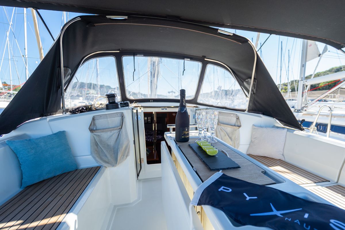 Cockpit of Hydra, a Beneteau Oceanis 38.1 sailboat at Grad Pula, Croatia