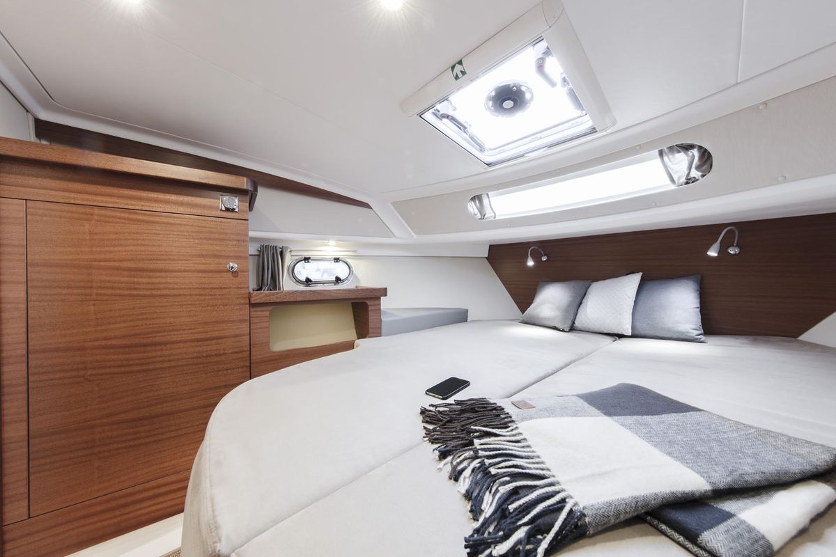 Cabin on Fourlux, a Nimbus 365 Coupe motorboat at Općina Sukošan, Croatia