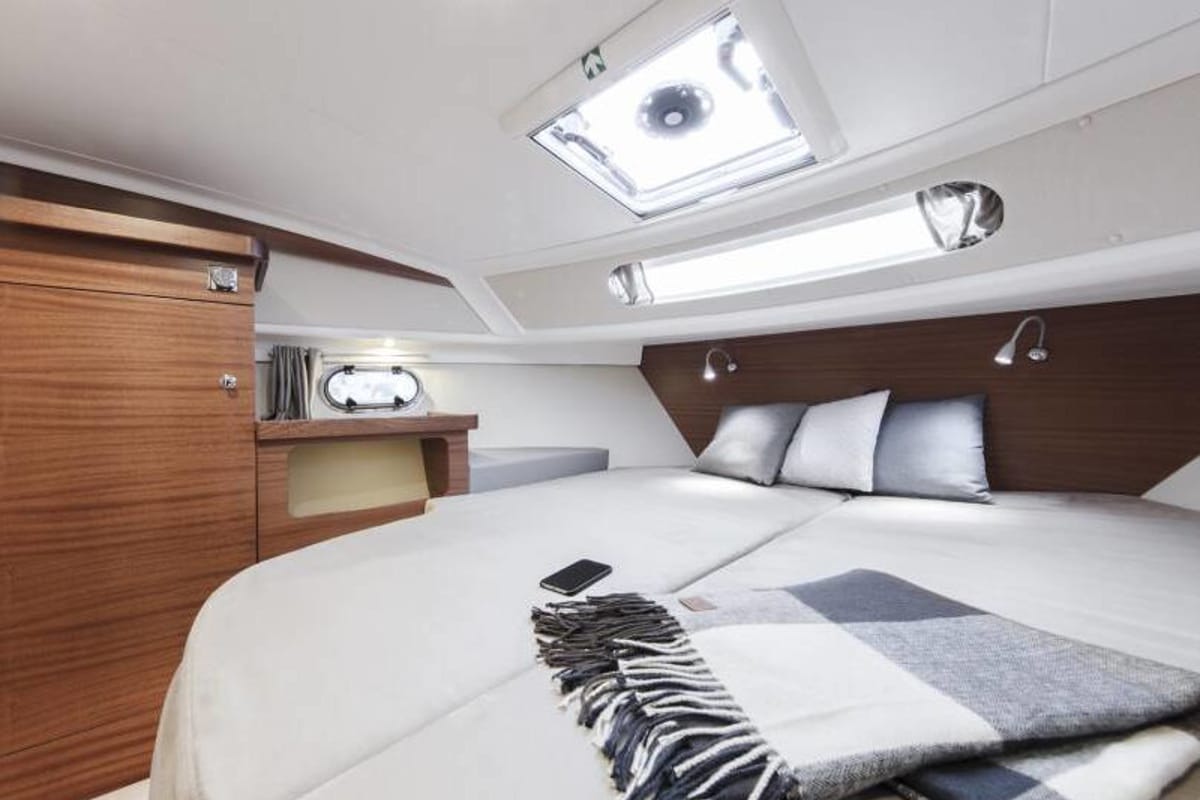 Cabin on Fourlux, a Nimbus 365 Coupe motorboat at Općina Sukošan, Croatia
