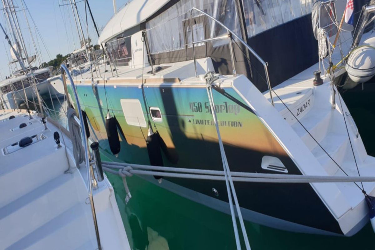 Exterior view of OASIS, a Lagoon 450 catamaran at Općina Sukošan, Croatia