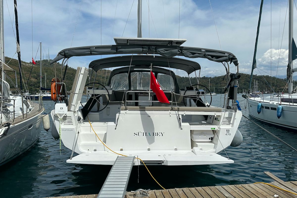 Exterior view of Suha Bey, a Dufour 470 sailboat at Fethiye, Turkey
