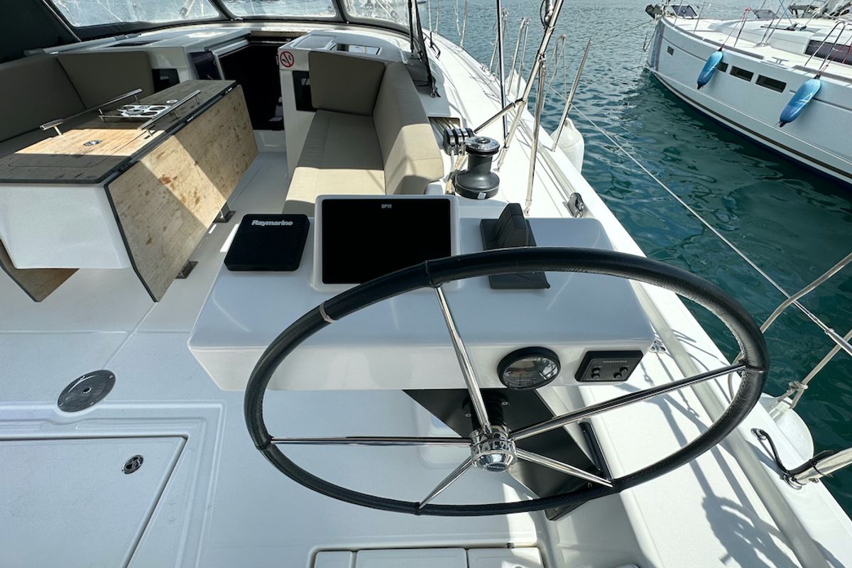 Cockpit of Suha Bey, a Dufour 470 sailboat at Fethiye, Turkey