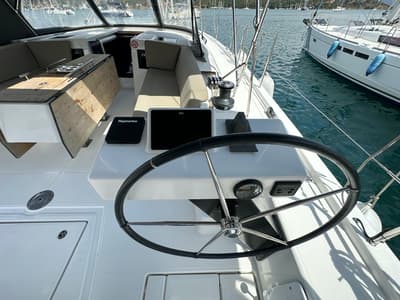 Cockpit of Suha Bey, a Dufour 470 sailboat at Fethiye, Turkey