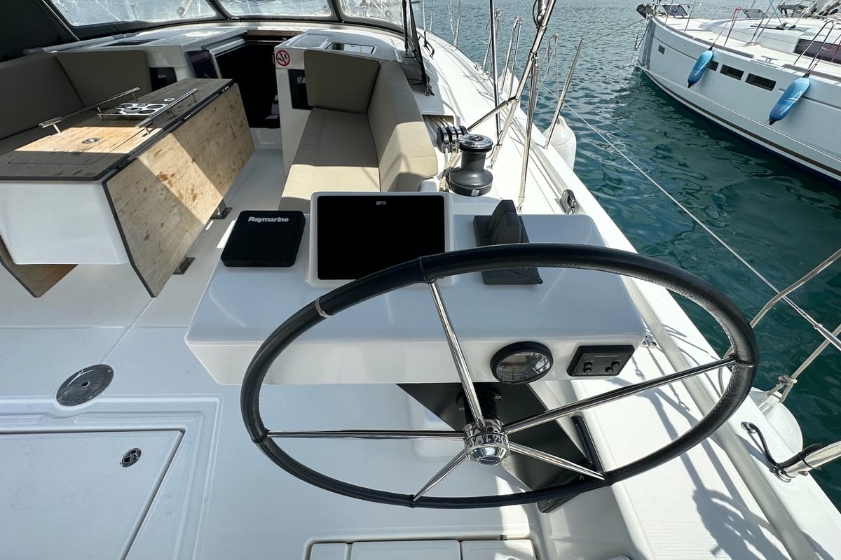 Cockpit of Suha Bey, a Dufour 470 sailboat at Fethiye, Turkey