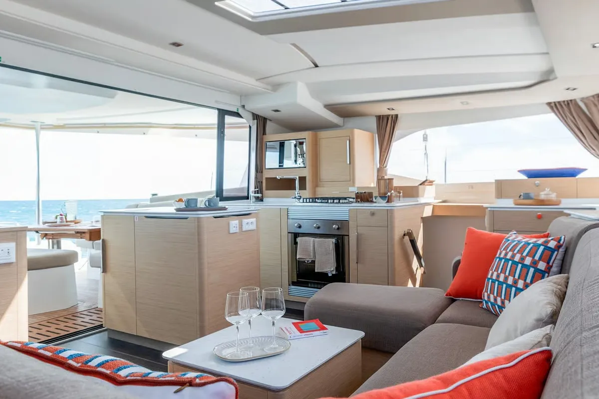 Salon of My Summer, a Fountaine Pajot New 44 catamaran at Taranto, Italy