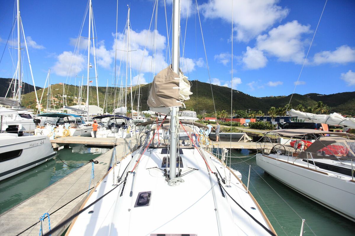 Deck of Indian Chief, a Jeanneau Sun Odyssey 419 sailboat at Road Town, British Virgin Islands