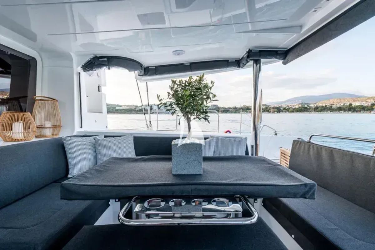 Deck of Nomad, a Lagoon 52 catamaran at Lavreotiki Municipal Unit, Greece