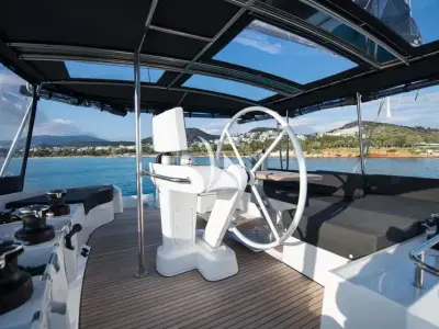 Cockpit of Nomad, a Lagoon 52 catamaran at Lavreotiki Municipal Unit, Greece
