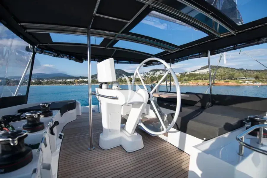 Cockpit of Nomad, a Lagoon 52 catamaran at Lavreotiki Municipal Unit, Greece