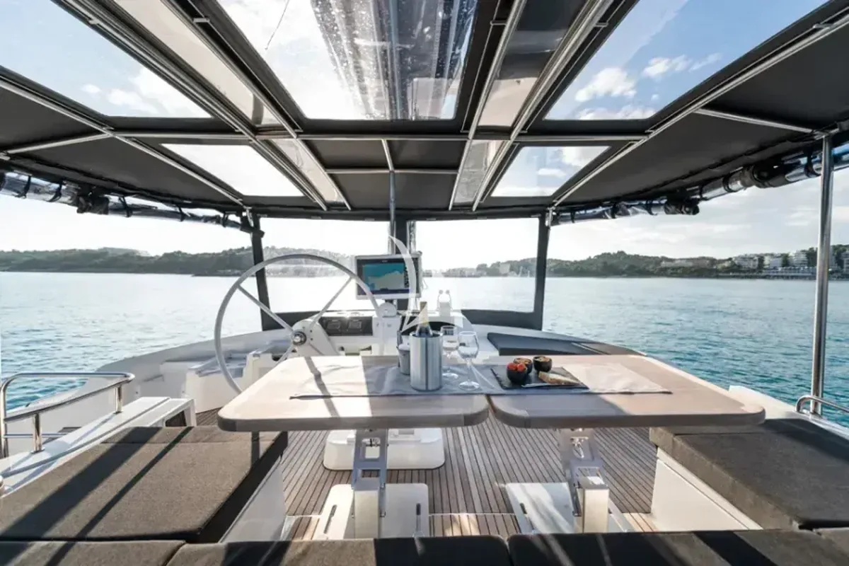 Cockpit of Nomad, a Lagoon 52 catamaran at Lavreotiki Municipal Unit, Greece