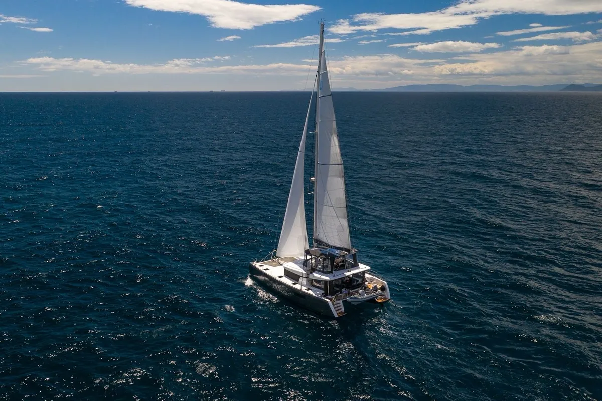 Exterior view of Nomad, a Lagoon 52 catamaran at Lavreotiki Municipal Unit, Greece