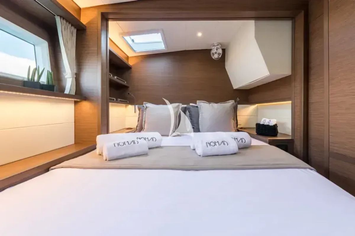 Cabin on Nomad, a Lagoon 52 catamaran at Lavreotiki Municipal Unit, Greece