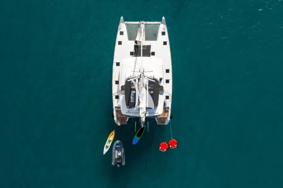 Exterior view of Nomad, a Lagoon 52 catamaran at Lavreotiki Municipal Unit, Greece