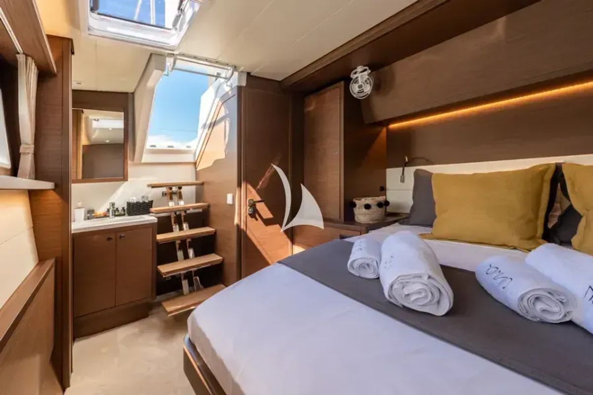 Cabin on Nomad, a Lagoon 52 catamaran at Lavreotiki Municipal Unit, Greece