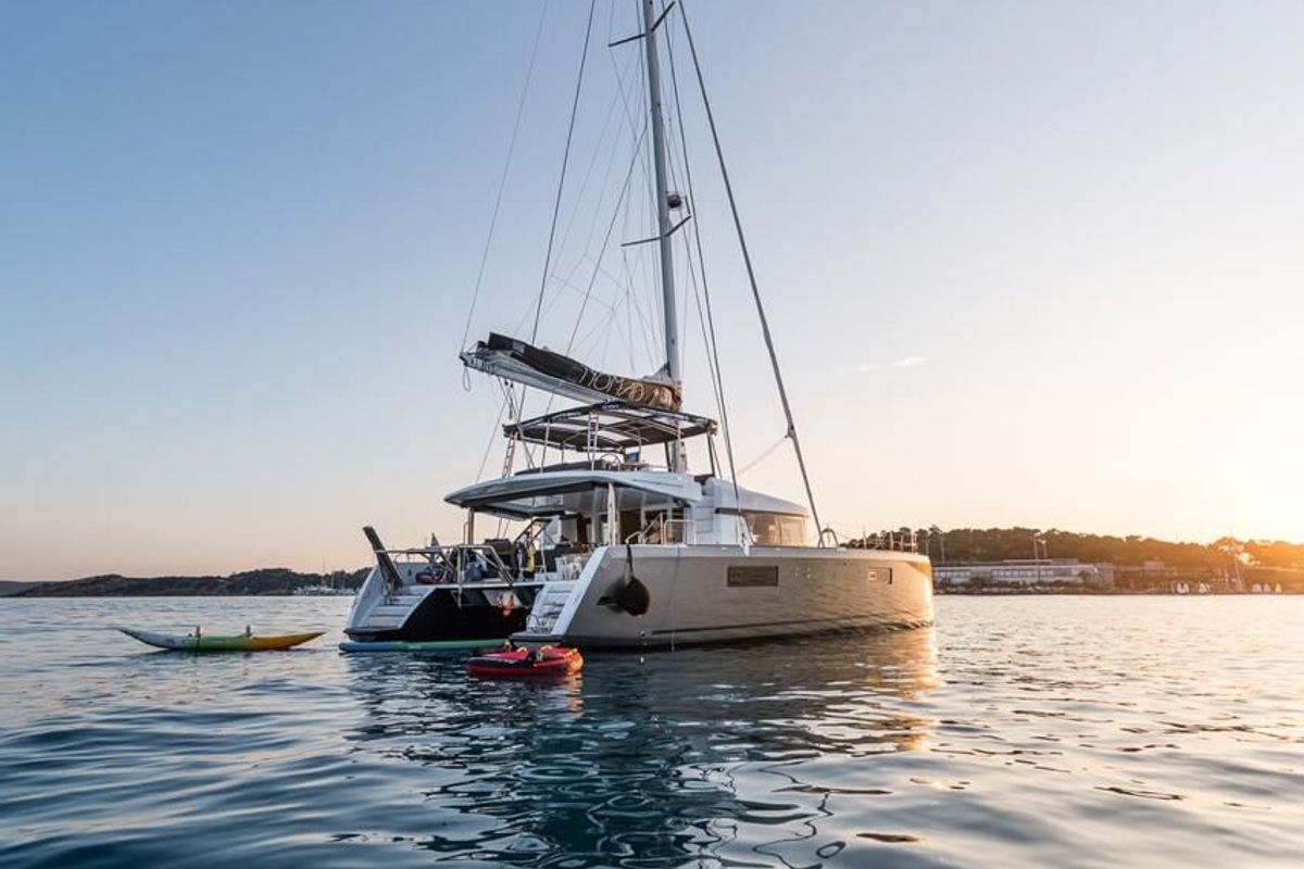 Exterior view of Nomad, a Lagoon 52 catamaran at Lavreotiki Municipal Unit, Greece