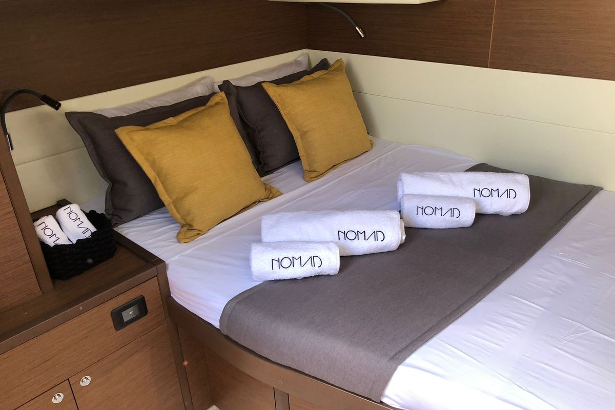 Cabin on Nomad, a Lagoon 52 catamaran at Lavreotiki Municipal Unit, Greece