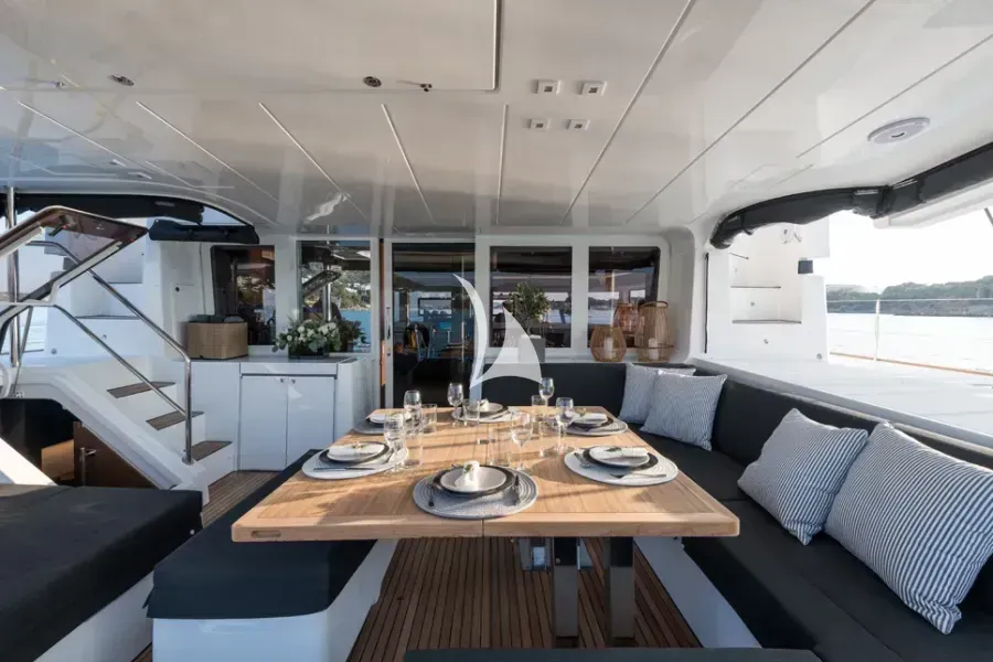 Deck of Nomad, a Lagoon 52 catamaran at Lavreotiki Municipal Unit, Greece
