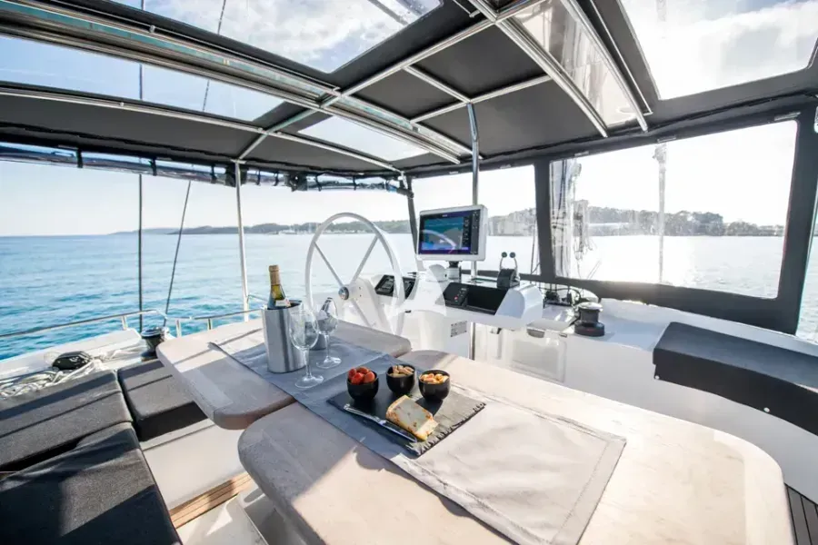 Cockpit of Nomad, a Lagoon 52 catamaran at Lavreotiki Municipal Unit, Greece