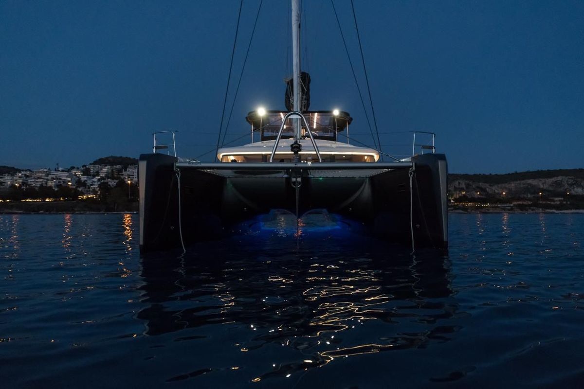 Exterior view of Nomad, a Lagoon 52 catamaran at Lavreotiki Municipal Unit, Greece